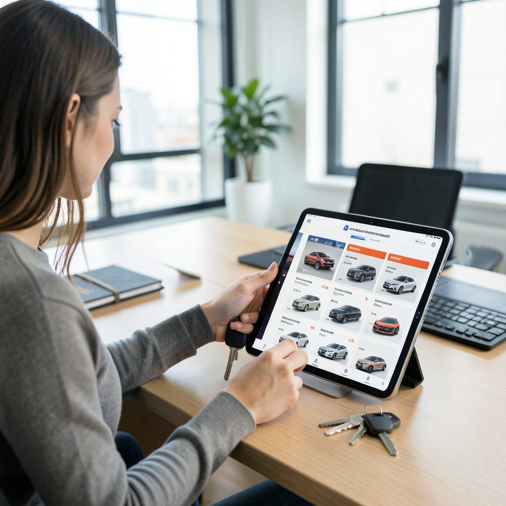 Persona comparando precios de seguros de coche baratos en una tablet.