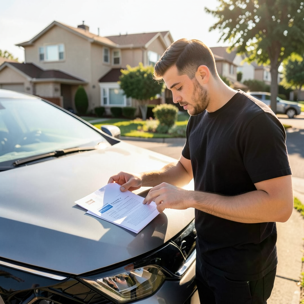Un joven adulto revisando documentos de seguro de coche sobre el capó de un vehículo moderno en una zona residencial iluminada por el sol. Joven conductor analizando su primera póliza de seguro de coche