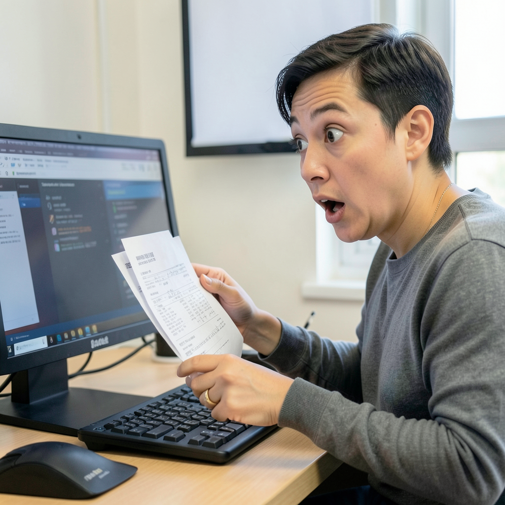 Una persona revisando una factura con expresión de sorpresa frente a su computadora. Persona preocupada por un aumento inesperado en la factura de servicios.