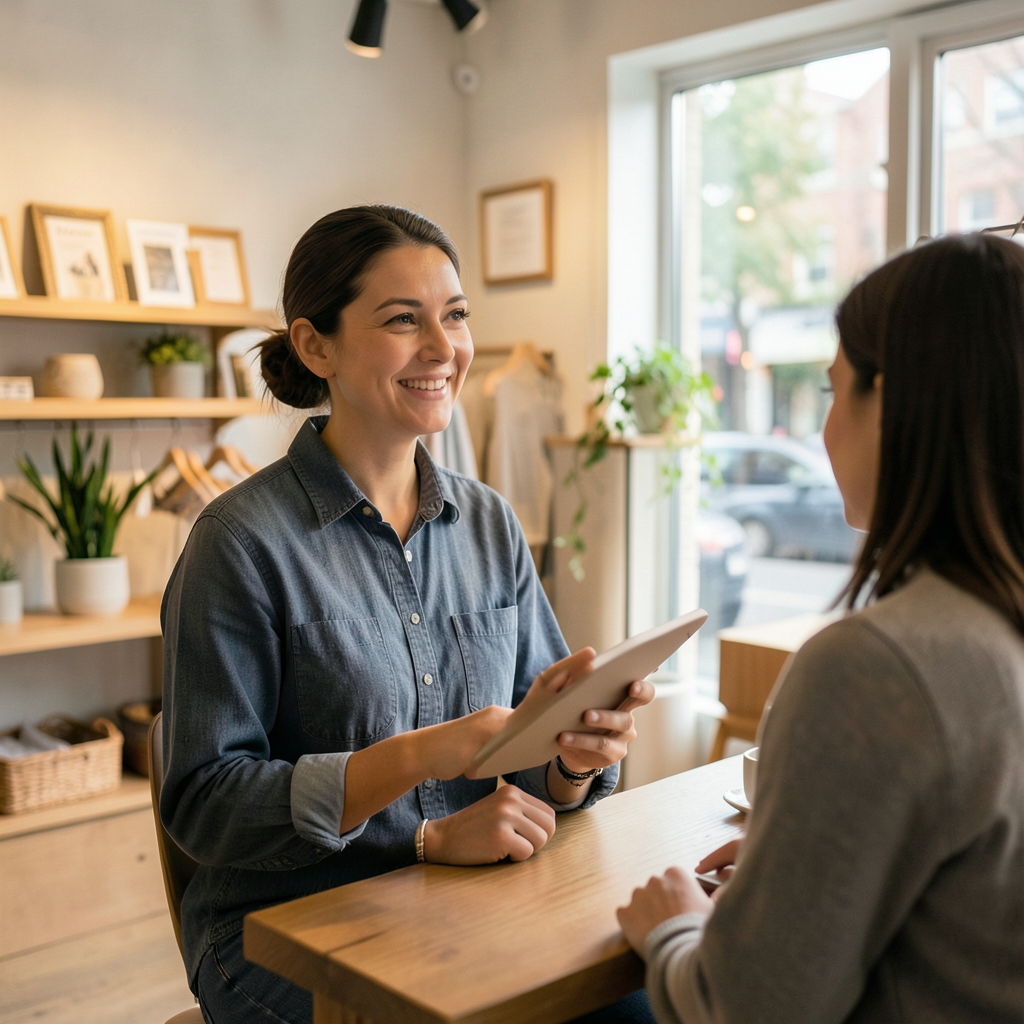 Dueño de comercio local atendiendo a un cliente para aprender cómo evitar reclamaciones de clientes en comercios locales