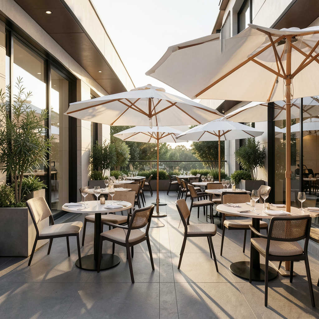 Realistic photograph of a modern restaurant terrace with elegant tables and chairs, large white umbrellas, warm afternoon sunlight creating soft shadows, professional architectural photography, wide angle shot showing the transition from indoor to outdoor space, high resolution Terraza de restaurante moderna ilustrando qué revisar en un seguro de hostelería con terraza