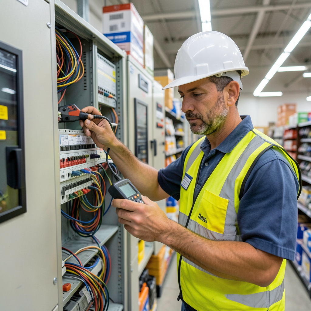 Electricista revisando cuadro eléctrico en ferretería para solucionar qué hacer si tu ferretería sufre daños eléctricos