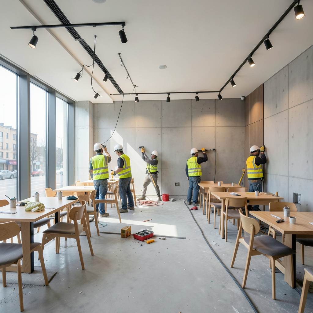 Realistic photograph of a modern restaurant interior under renovation, construction workers in high-visibility vests and helmets installing new lighting and walls, natural light coming through large windows, professional architectural photography, wide shot, clean and organized construction site Obra de reconstrucción de un restaurante tras saber qué hacer si tu negocio de hostelería sufre un siniestro total